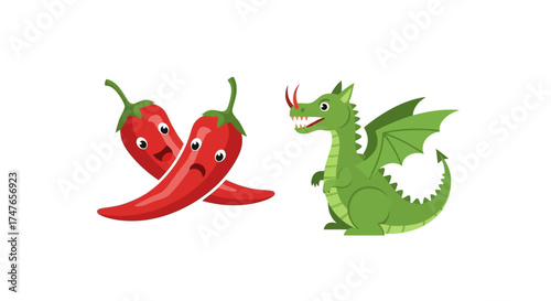 Spicy showdown a cartoon dragon meets expressive chili peppers in whimsical encounter