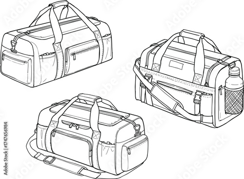 Duffel bag technical sketch, multi-angle view, travel gear, bag design, cad drawing, vector illustration, product layout, fashion accessory, compartment detail, zipper pocket