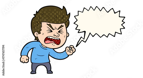 Cartoon illustration of a man expressing anger with a speech bubble for text