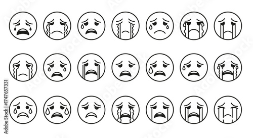 Collection of distinctive sorrowful face emoticons showcasing diverse emotional expression