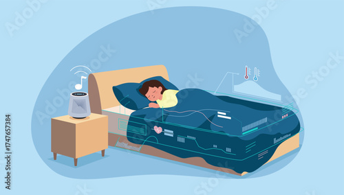 A child sleeping in a smart bed that monitors sleep patterns, heart rate, and temperature. A smart speaker plays calming music nearby. It illustrates a technologically advanced sleep monitoring system