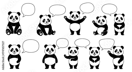 Animated panda characters in varying poses with conversation bubbles, vector illustration
