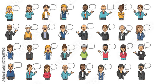 Diverse group of professional cartoon characters with speech bubbles for communication