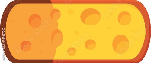 Cartoon illustration of an oval piece of swiss cheese with holes and rind, isolated on white background