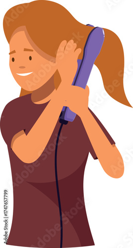 Young happy woman straightening her hair with a hair straightener, creating a sleek and polished look
