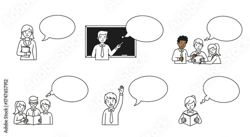 Diverse educators and students in communicative settings with speech bubbles for text overlay