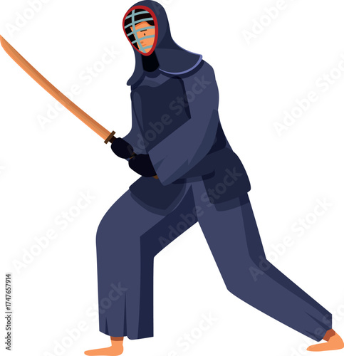 Kendo fighter with helmet and protective clothing holding bamboo sword practicing martial art