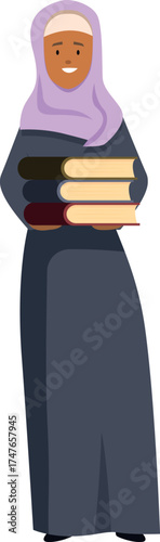 Happy muslim student or teacher carrying books, education and knowledge concept