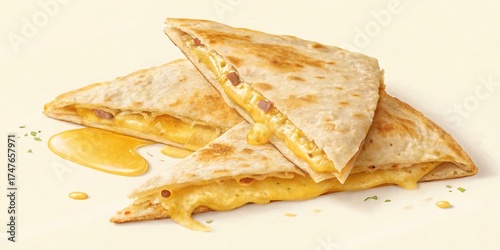 Three cheesy quesadillas cut into triangles, with melted cheese oozing out, isolated on a white background.