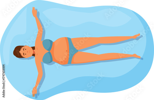 Pregnant woman enjoying summer vacation, floating on inflatable mattress in swimming pool