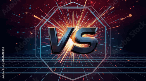 Dynamic versus concept with a glowing VS symbol and sparks against a futuristic grid background, representing competition and conflict.