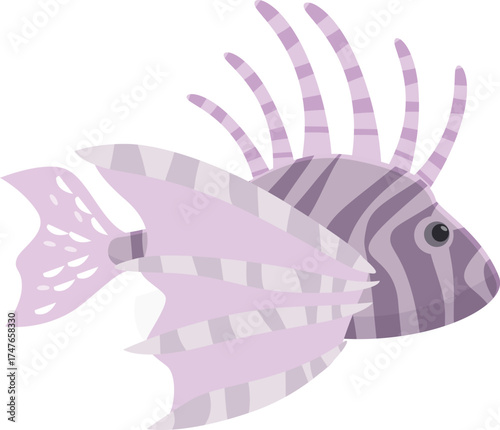 Lionfish with large, fan like pectoral fins and venomous spines, swimming in the ocean