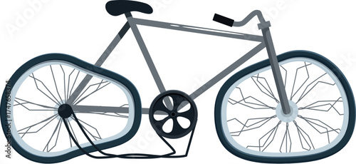 Old gray bicycle locked with a cable and showing two flat tires and broken spokes