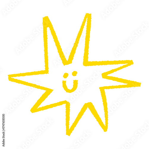 A yellow star with a smiley face drawn with a crayon isolated on transparent background