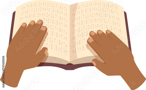 Blind person reading braille book with fingers, education and inclusivity