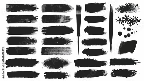 A collection of grunge brush strokes and paint splatters in various shapes and sizes, perfect for adding texture and artistic flair to any design project.