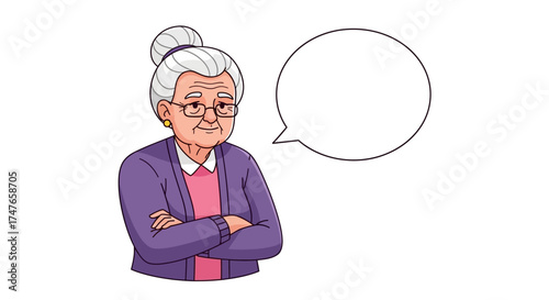 Cartoon illustration of a grandmother with a speech bubble offering space for text