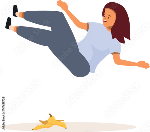 Young woman falling after slipping on banana peel, concept of accident and injury