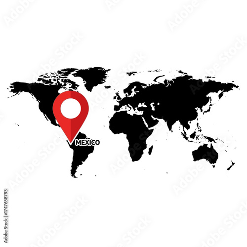 Mexico highlighted on world map with red location pin and country name marking the spot