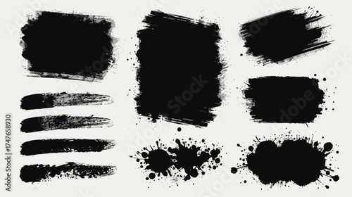 A collection of grunge brush strokes and paint splatters in black, offering diverse textures for artistic design elements and creative backgrounds.