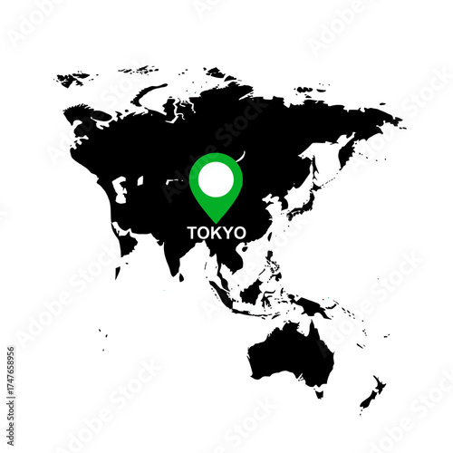 Graphical depiction of a world map highlighting Tokyo, Japan with locator pin application