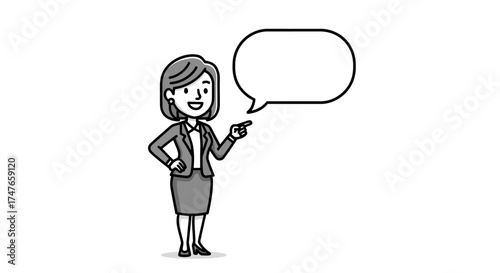 Professional woman pointing at speech bubble conveys business communication theme