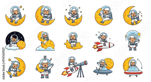 Whimsical sheep astronaut icons navigating through celestial adventures and cosmic wonder