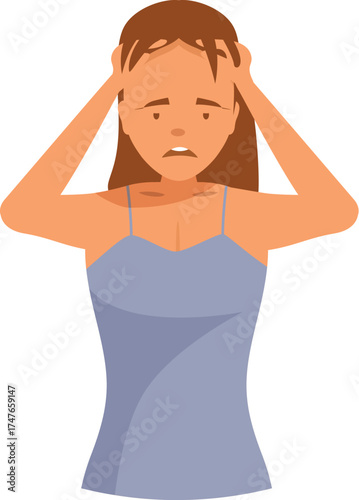 Woman holding her head with her hands, suffering from a strong headache or a migraine