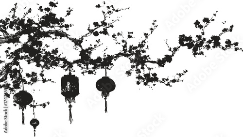 Black line art plum blossom branch with lanterns. Minimal and elegant oriental illustration for Lunar New Year and decorative use.