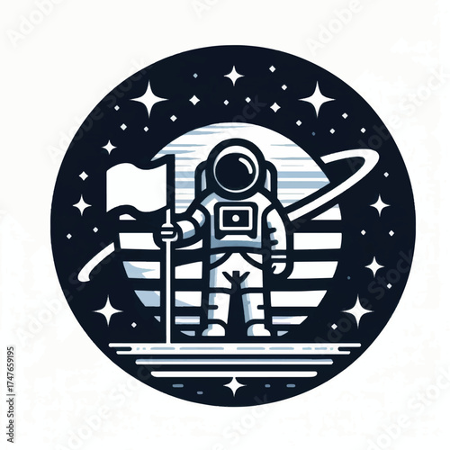astronaut holding flag on moon space exploration lunar landing space suit stars planets.