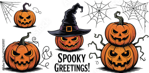 Halloween spooky greetings with jack o lanterns and witch hat