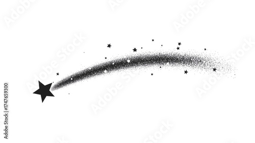 A black and white illustration of a shooting star, depicted with a trail of sparkling dots, against a clean white background, creating a sense of wonder.
