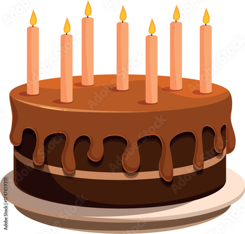 Chocolate birthday cake with lit candles, representing celebration, joy, and special occasions