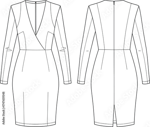 Fitted long sleeve dress technical sketch, deep V-neck, pencil silhouette, back zipper, darts, cad drawing flat vector illustration, fashion design