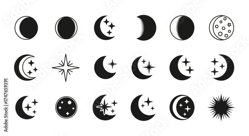 Aesthetic celestial vector art featuring various moon phases and radiant stars in monochrome design