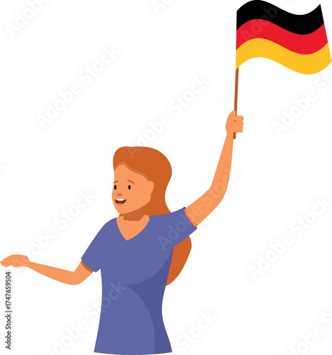 Cheerful young woman proudly waving the german flag, celebrating national identity and expressing patriotism