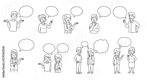 Diverse people characters with empty speech bubbles for message design and dialogue templates