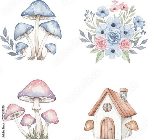 Charming watercolor cottage mushroom flower arrangements botanical elements art collection