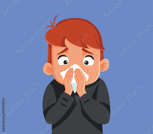 Ill Boy Wiping his Nose with a Handkerchief Vector Character. Unwell little child suffering from infectious disease 
