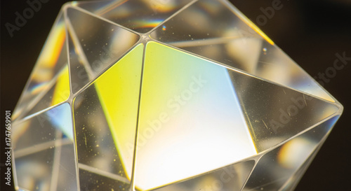 Close-up of a clear crystal prism refracting light into spectral colors for science education and optical concepts