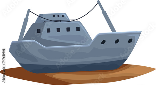 Shipwreck lying on the shore, representing a maritime disaster and the concept of shipwrecks
