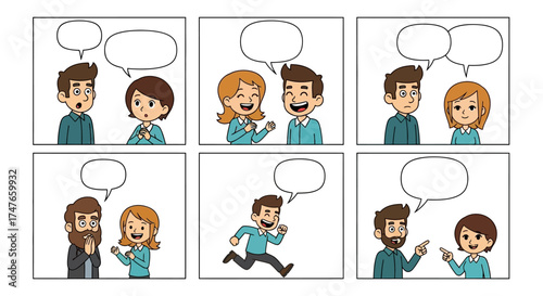 Sequential comic strip format with expressive characters and editable dialogue bubbles ready to