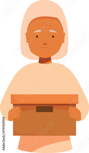 Senior woman experiencing sadness while holding a cardboard box, possibly symbolizing memories or belongings