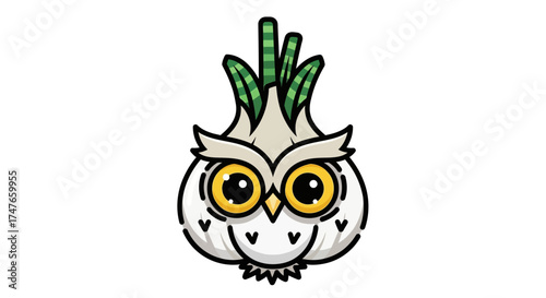 Illustrative owl head with whimsical onion design and bright playful colors