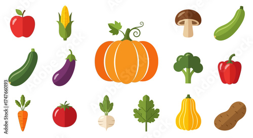 Colorful and diverse assortment of fresh vegetable icons arranged against a white background