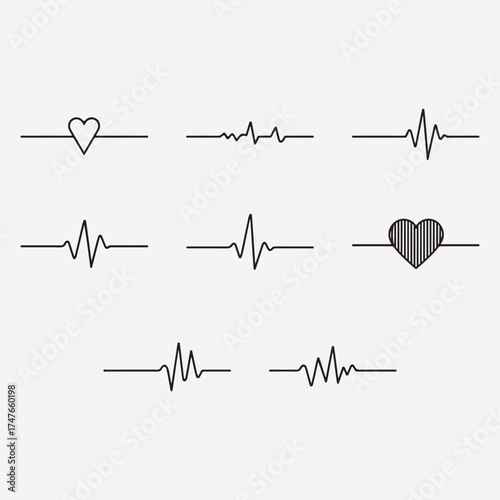 set of continuous line heartbeat rhythm ecg monitor pulse trace wave minimal vector collection.
