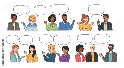 Diverse group engaging in conversations with speech bubbles for creative content or dialogue