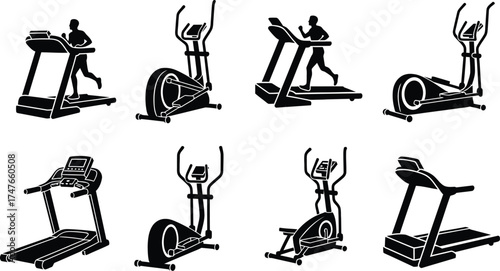Set of black and vector illustrations of fitness equipment perfect for gym projects