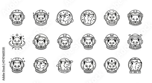 Collection of whimsical vector line art designs featuring foxes in astronaut helmets