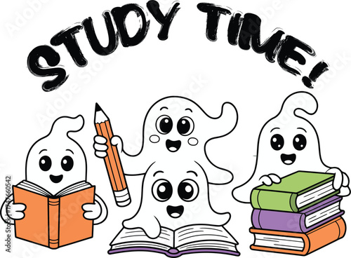 Cute cartoon ghosts reading books and holding a pencil for study time